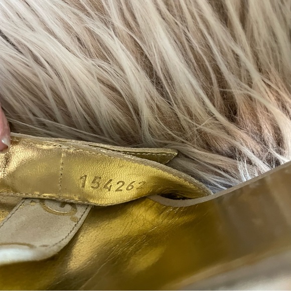Gucci Gold Monogram Suede Ankle Strap Heels - Picture 9 of 11